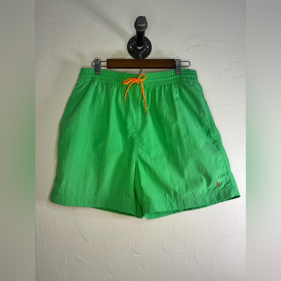 90’s Vintage Polo by Ralph Lauren Vibrant Green Swim Trunks with Orange Tie - Picture 1 of 11